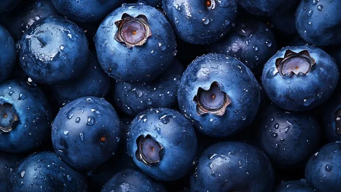 High-contrast macro close-up isolates dew-covered ripe blueberries