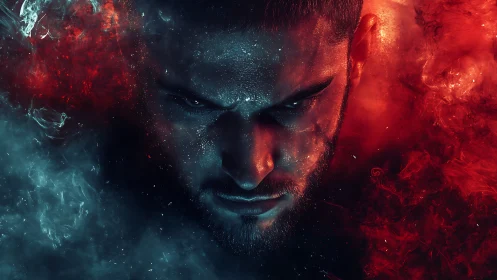 Fiery digital portrait of intense man in red blue smoke.