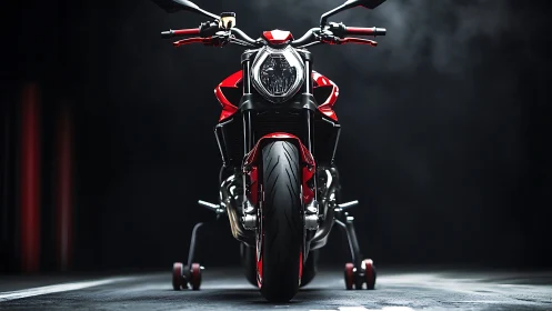 Crimson streetfighter motorcycle under dramatic studio light.