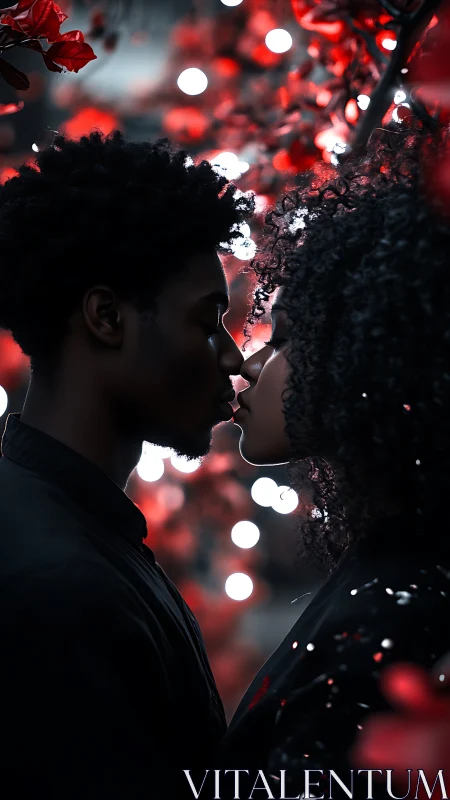 Intimate Kiss, Red Bokeh Lights Surround Silhouetted Couple.