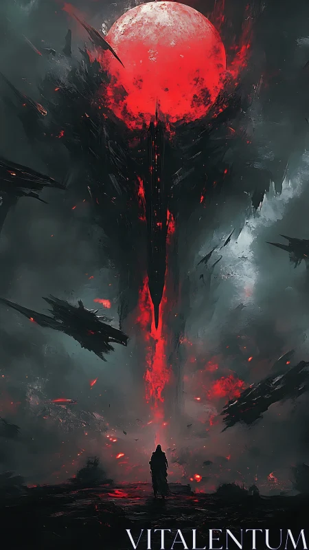 Apocalyptic red moon over monolithic rift with cloaked observer