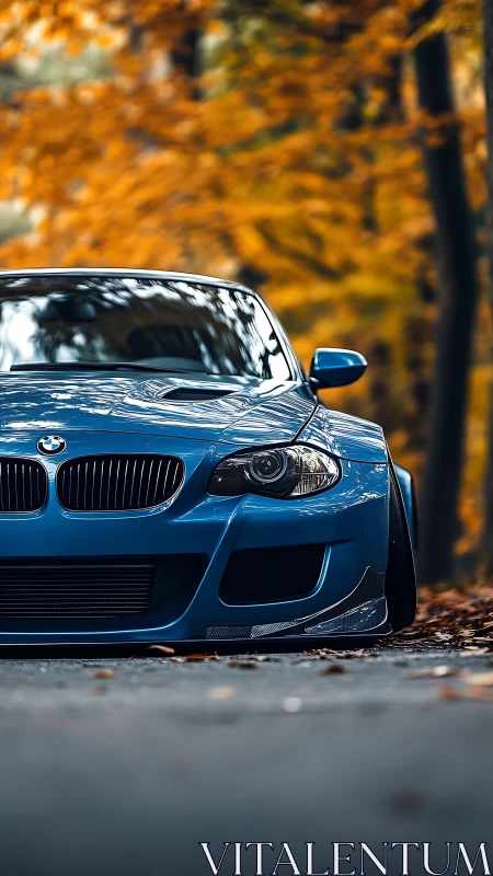 Blue BMW coupe parked low on forest road in autumn.
