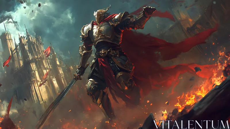 Crimson warlord strides through cathedral firestorm dusk.