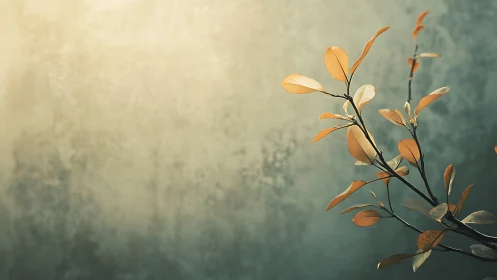 Minimalist branch with golden leaves against textured background.