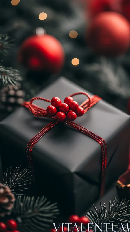 Black gift box with red ribbon in seasonal arrangement.