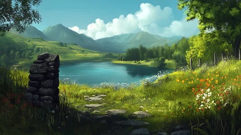 Sunny lakeside meadow path leading into quiet green hills.