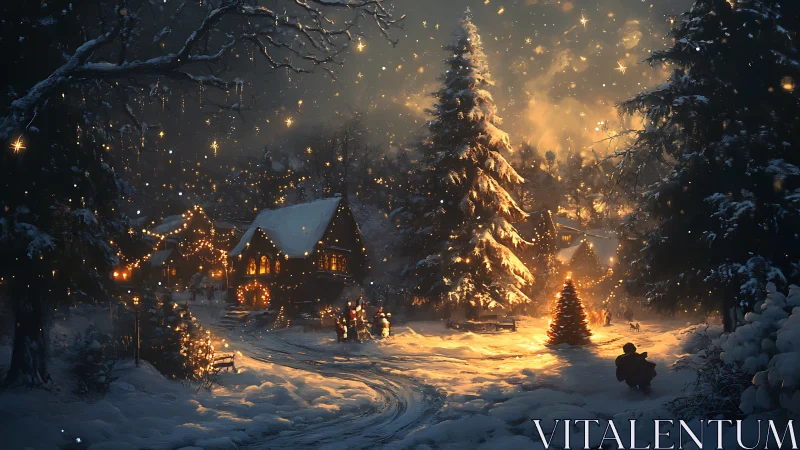 Snow-covered village shows illuminated cabins and fir trees