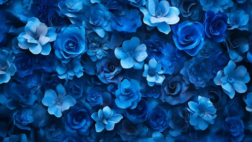 Monochromatic Blue Floral Composition: Dense Clustered Rose and Petal Arrangement