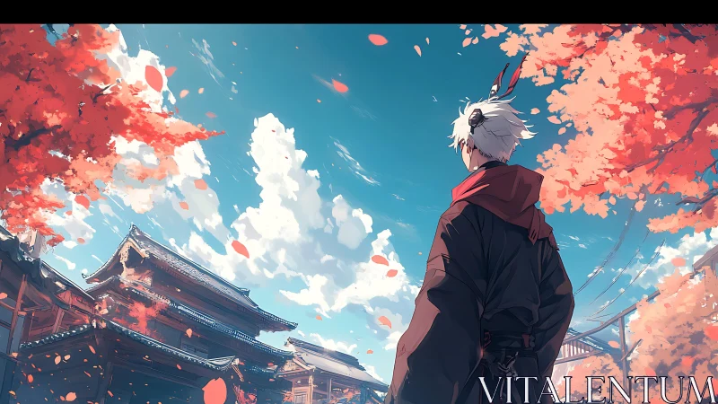 Autumn shrine wanderer beneath vivid sakura skies.