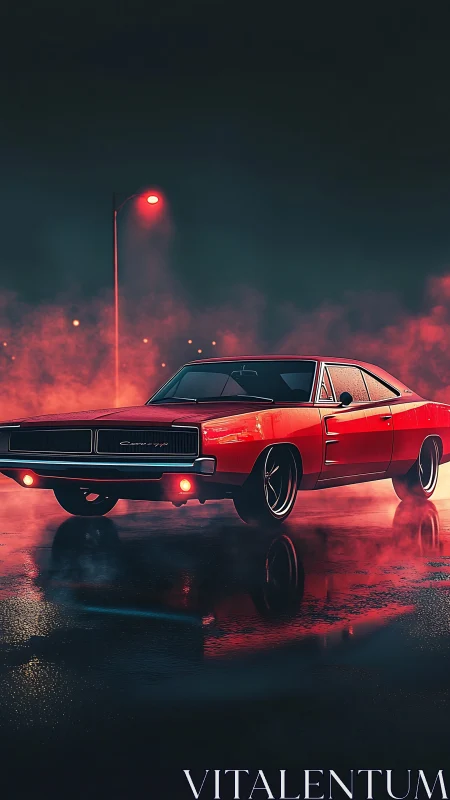 Classic red muscle car under volumetric neon street lighting at night