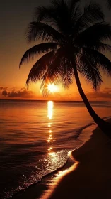 Palm tree silhouette against calm tropical sunset shore.