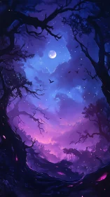 Lunar-illuminated spectral forest with bioluminescent canopy portal.