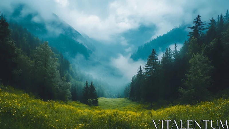 Misty Alpine Valley Nestled Between Forested Mountain Peaks