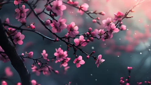 Pink blossoms bloom against misty teal backdrop. Period.