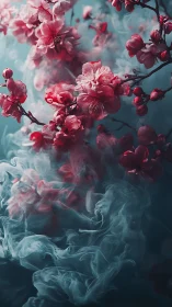 Cherry blossoms drift through swirling teal mist
