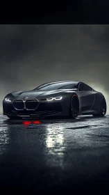 Sleek black BMW concept car on wet night street scene.
