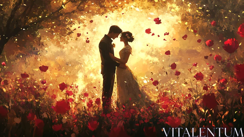 Two Hearts Among Glowing Red Petals and Golden Light.