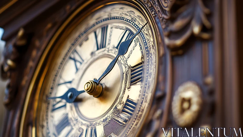 Ornate brass clock face with roman numerals in close view.