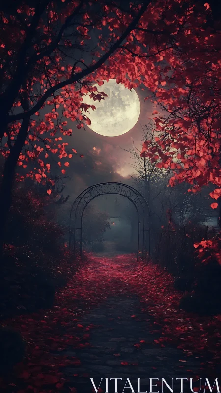 Moonlit garden archway under dense red autumn foliage.