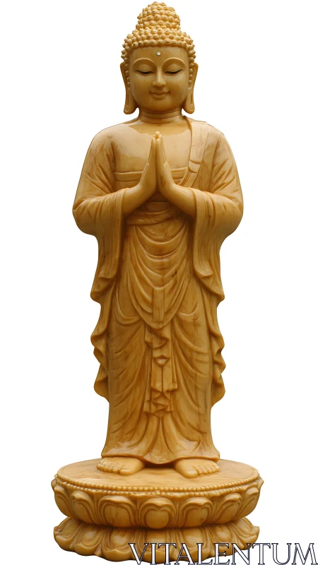 Standing Buddha statue in prayer pose on lotus pedestal.