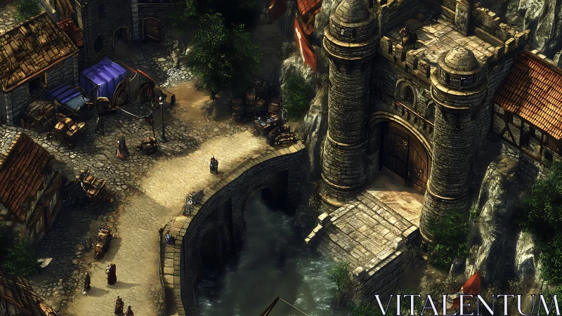 Medieval riverside gate tower overlooking cobbled market street.