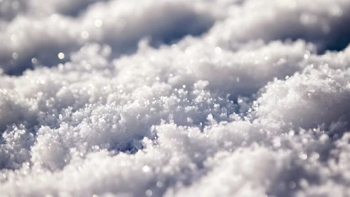 Macro depth-of-field study of sunlit crystalline snow surface.