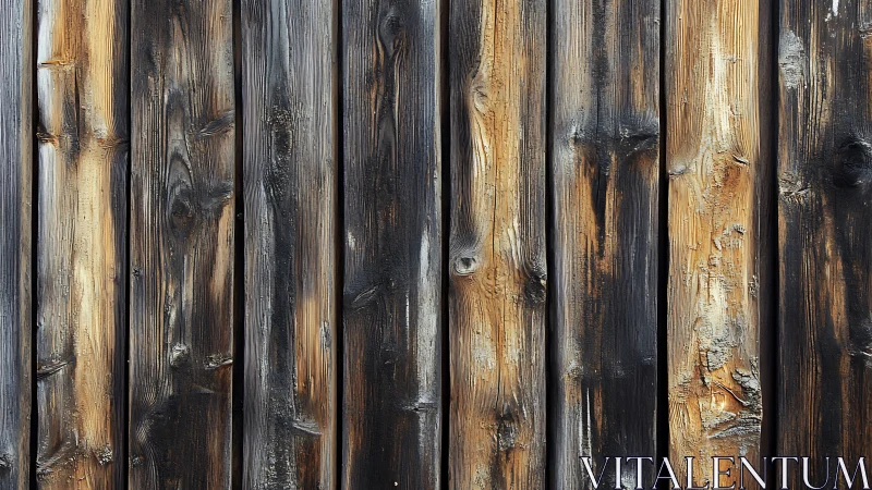 Charred vertical wooden planks form a textured burned wall