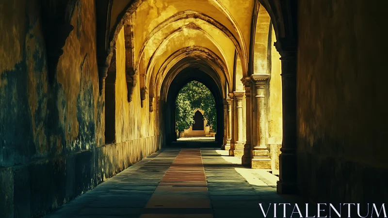 Stone vaulted cloister corridor with repetitive archways.
