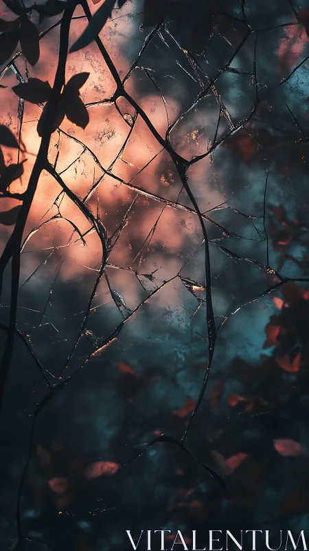 Fractured twilight threads weave through ember-tinted leaves