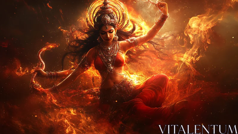 Flame crowned warrior goddess swirling in molten twilight.