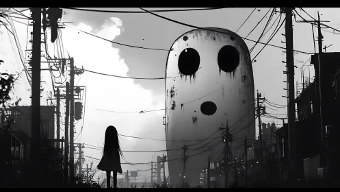 Silhouetted figure facing large masked structure in street.