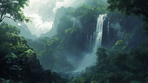 Misty Canyon Cascade: Monumental Waterfall Through Verdant Gorge