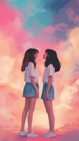 Skybound sisters trade secrets in sherbet painted clouds.