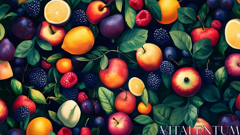 Luminous orchard fruits scattered over deep green foliage.