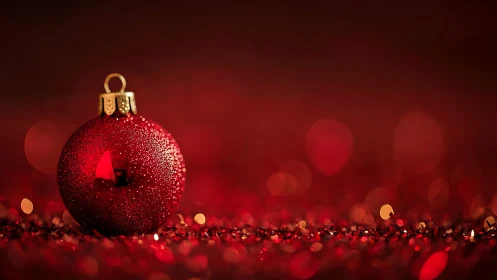 Sparkling red ornament glowing in a cozy holiday haze.
