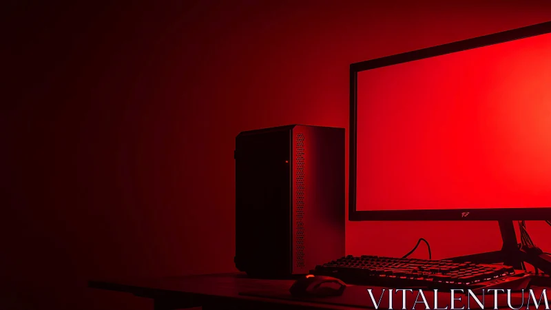 Bold red desktop computer setup glows with clean modern style