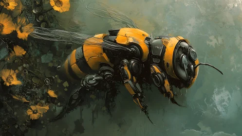 Mechanical bee drone hovers beside yellow wildflowers