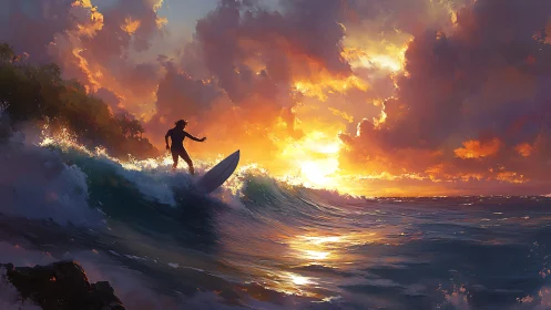 Surfer rides glowing sunset wave in dramatic seascape.