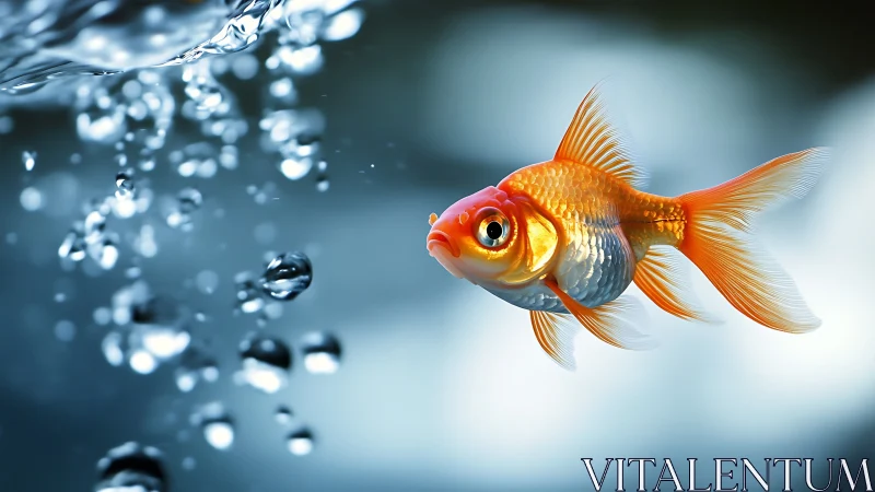 Goldfish glides through crystal bubbles in cool water.
