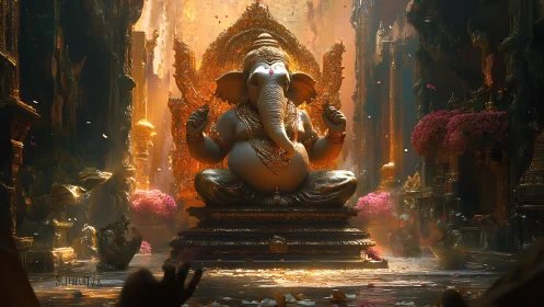 Golden Ganesha idol glows in ornate temple sanctuary.