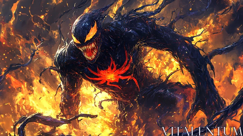 Dark symbiotic monster emerging from blazing firestorm