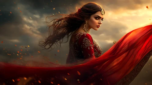 Digital painting of regal woman in red sari against storm sky.