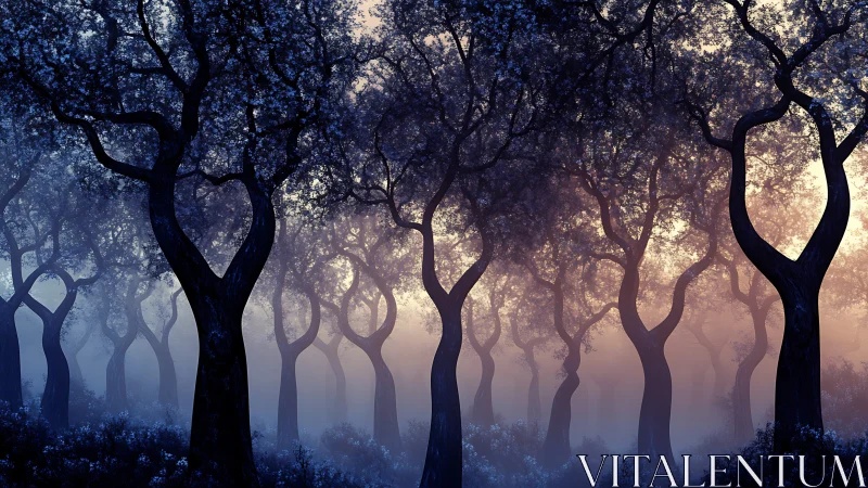 Dreamy misty forest glowing with soft twilight magic.