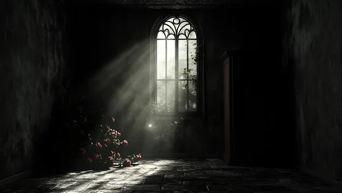 Sunbeams pierce a gothic window in an abandoned room.