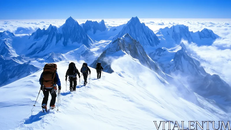Summit nomads threading a bright ridge above cloud oceans.