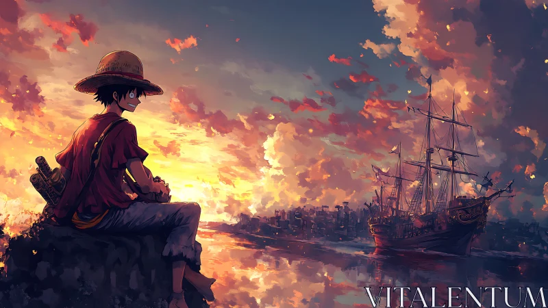 Straw hat boy studies sunset harbor beside tall ship.