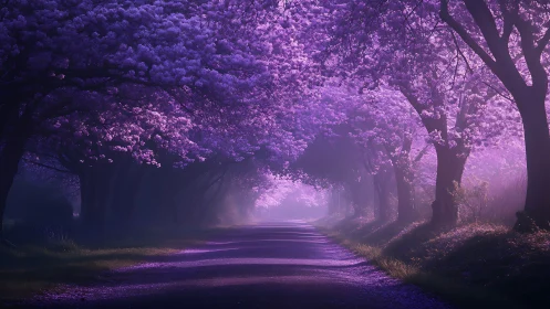 Spectral cherry blossom canopy over vanishing point roadway.