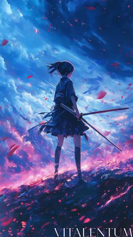 Backlit katana wielder confronts storm-lit sky in neon palette