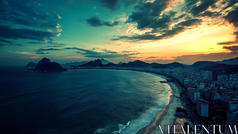 Sunset teal tide curling around a luminous city crescent.