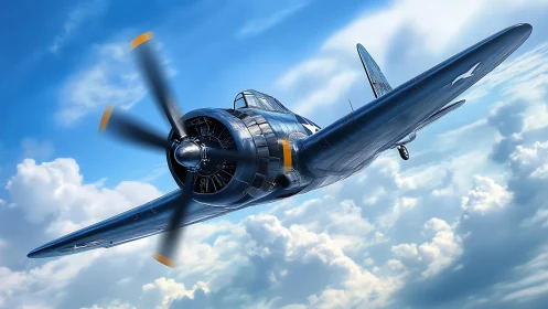 Blue WWII fighter plane cuts through bright cumulus clouds